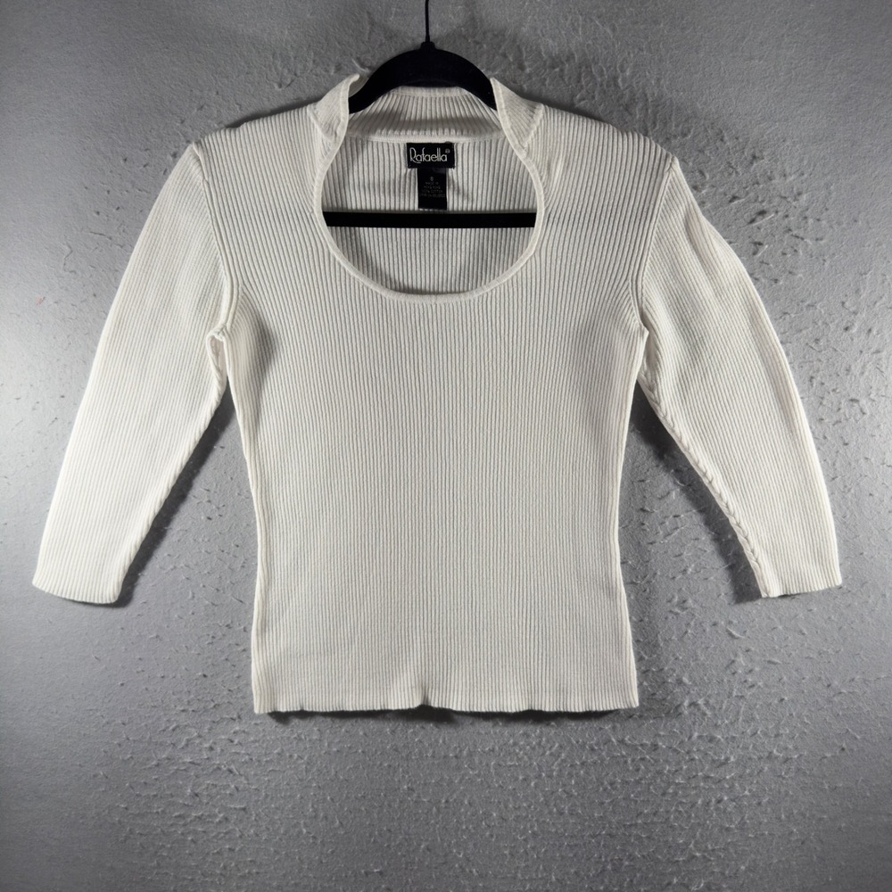 3351 | Rafaella Y2K Ribbed Cutout Keyhole Mock Neck Cotton Sweater White Women S